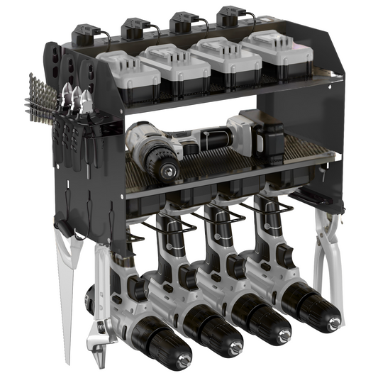 Power Tool Organizer with Charging Station – 3 Tier Wall Mounted Tool Storage Rack with 4 Drill Holders & Power Strip – Cordless Tool Rack for Garage & Workshop Organization