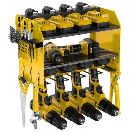 Power Tool Organizer with Charging Station – 3 Tier Wall Mounted Tool Storage Rack with 4 Drill Holders & Power Strip – Cordless Tool Rack for Garage & Workshop Organization