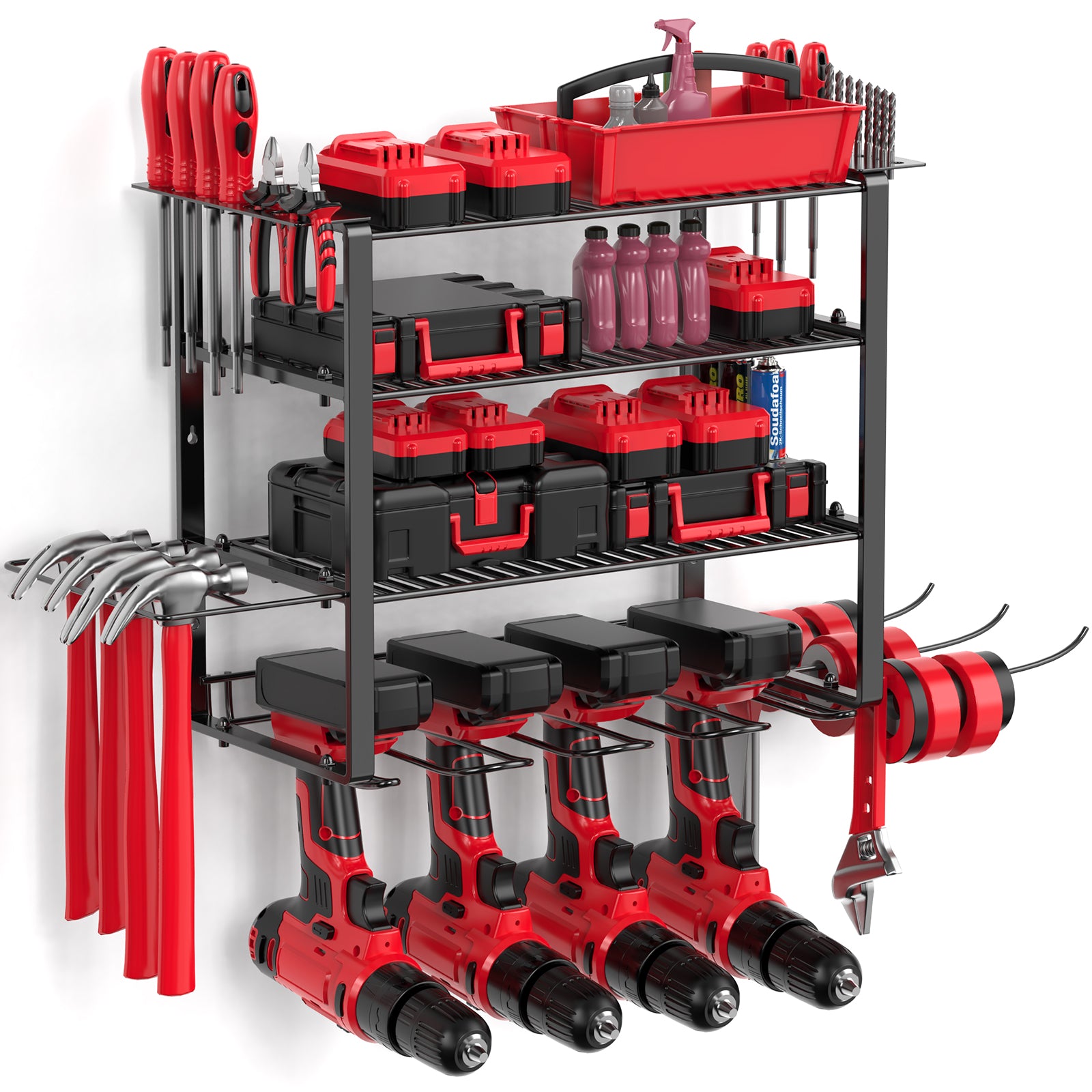 Power Tool Organizer Wall Mount β 4 Tier Tool Storage Rack with 4 Drill Holders, Wall Mounted Utility Shelf for Garage Organization and Workshop Storage Power Tool Organizer Wall Mount β 4 Tier Tool Storage Rack with 4 Drill Holders, Wall Mounted Utility Shelf for Garage Organization and Workshop Storage