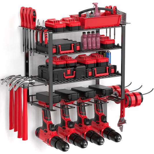 Power Tool Organizer Wall Mount – 4 Tier Tool Storage Rack with 4 Drill Holders, Wall Mounted Utility Shelf for Garage Organization and Workshop Storage