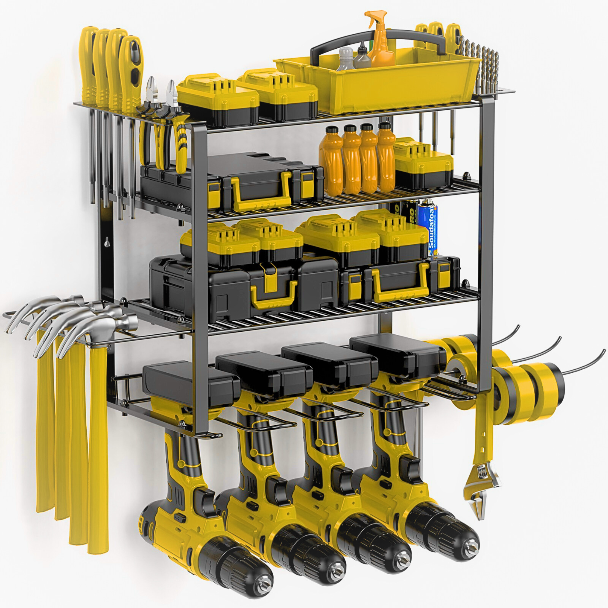Power Tool Organizer Wall Mount β 4 Tier Tool Storage Rack with 4 Drill Holders, Wall Mounted Utility Shelf for Garage Organization and Workshop Storage Power Tool Organizer Wall Mount β 4 Tier Tool Storage Rack with 4 Drill Holders, Wall Mounted Utility Shelf for Garage Organization and Workshop Storage