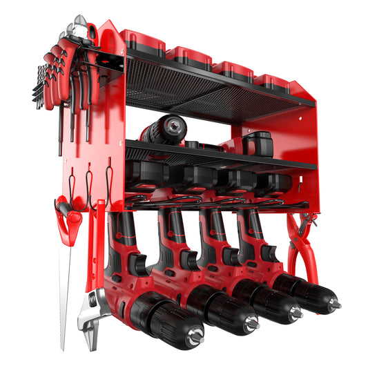 Power Tool Organizer Wall Mount 3 Tier with 4 Drill Holders – Heavy-Duty Cordless Tool Rack for Garage & Workshop Storage – Wall Mounted Utility Shelf with Hooks