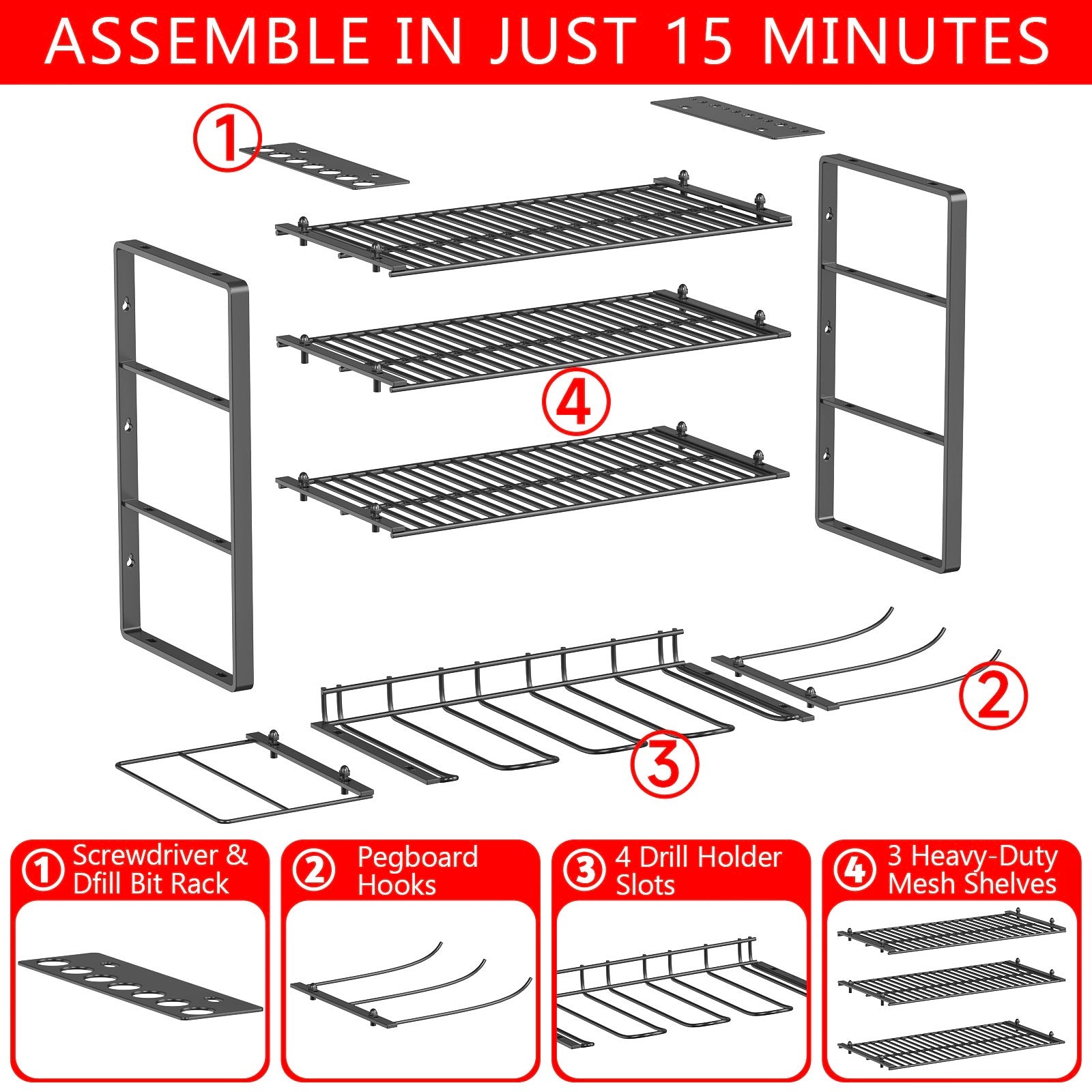 Power Tool Organizer Wall Mount – 4 Tier Tool Storage Rack with 4 Drill Holders, Wall Mounted Utility Shelf for Garage Organization and Workshop Storage