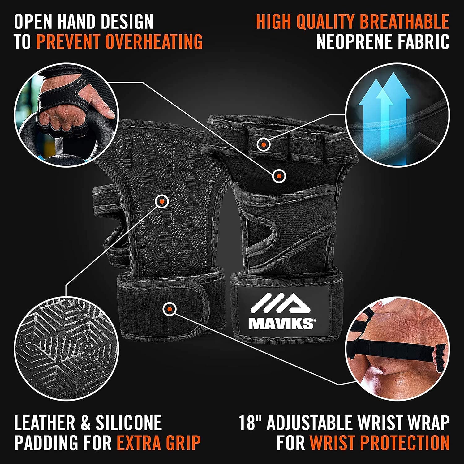 MAVIKS Black Crossfit Gym Fitness Gloves for Men Women UK Weight Lifting Workout Cross Training Hand Grips with Wrist Support for Pull Ups, Powerlifting, Bodybuilding, Calisthenics